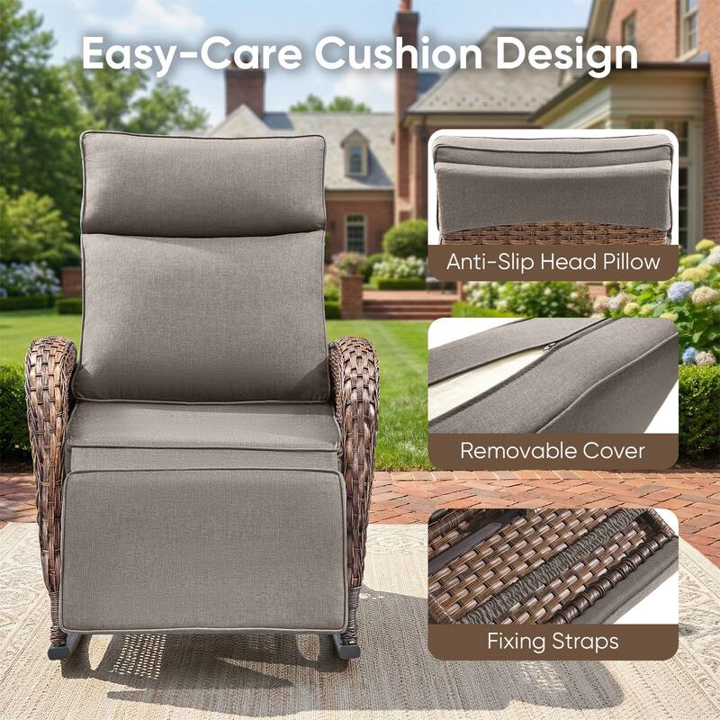 Pocassy Patio Versatile Outdoor Recliner Rocker Chair Table with Thick Cushion