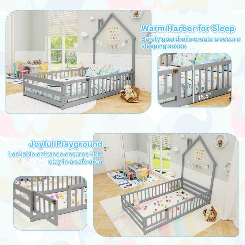 Costway Twin Size Montessori Floor Bed for Toddler with Lockable Door