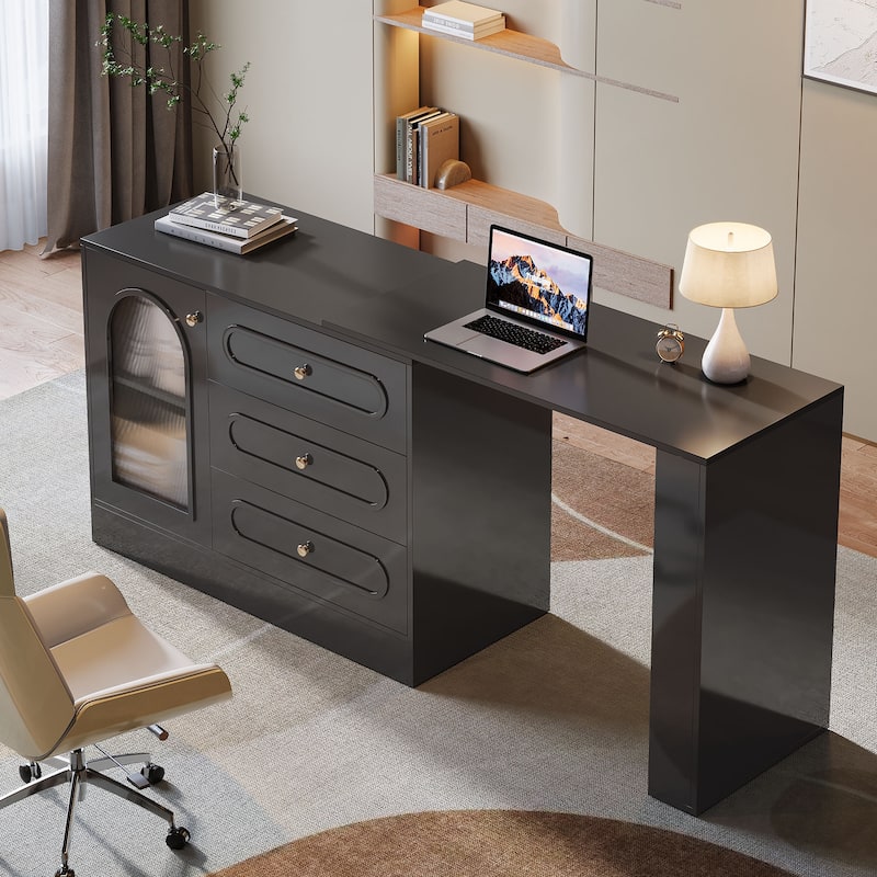 Modern 360° Rotatable Computer Desk, Executive Desk with 3 Drawers