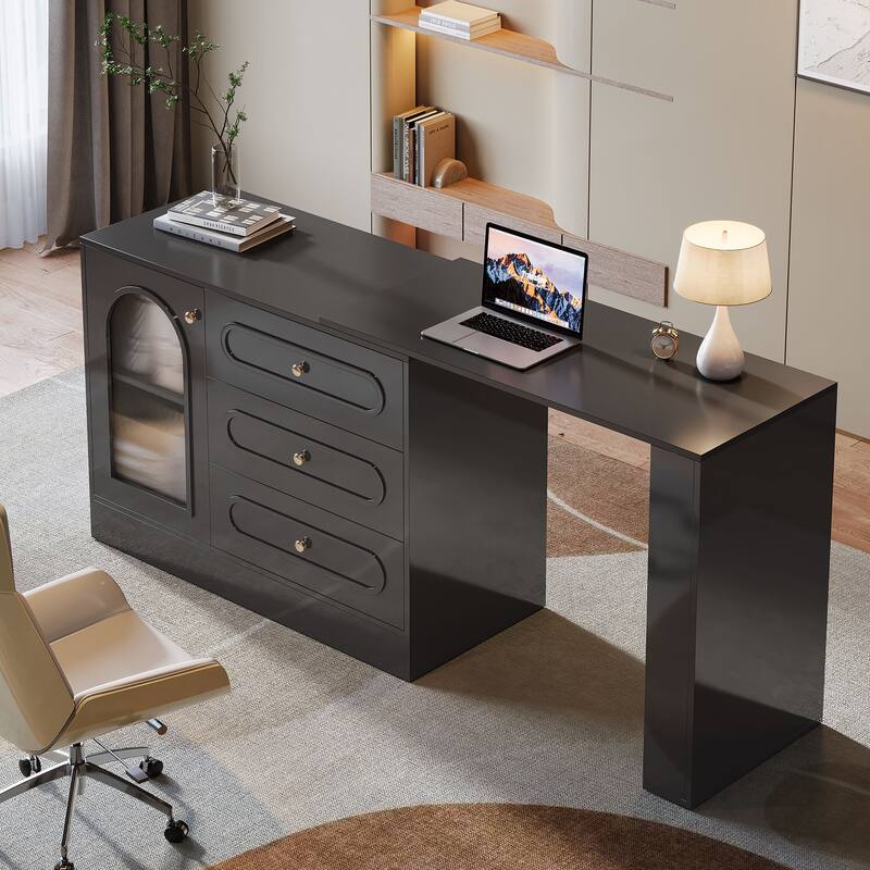 Modern 360° Rotatable Computer Desk with 3 Drawers, L Shaped Corner Executive Desk