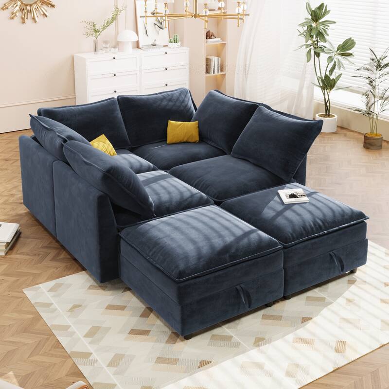 Blue 126" U-Shaped 6-Seater Modular Sofa with Ample Storage, Double Cushions, and Customizable Layout Options