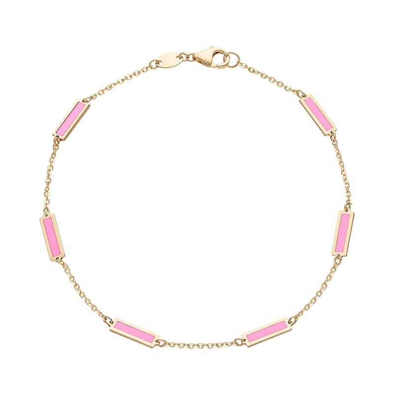 Curata 14k Yellow Gold Italian 7" Inlaid Genuine Gemstone 10X2mm Bar Station Bracelet - Hot Pink MOP