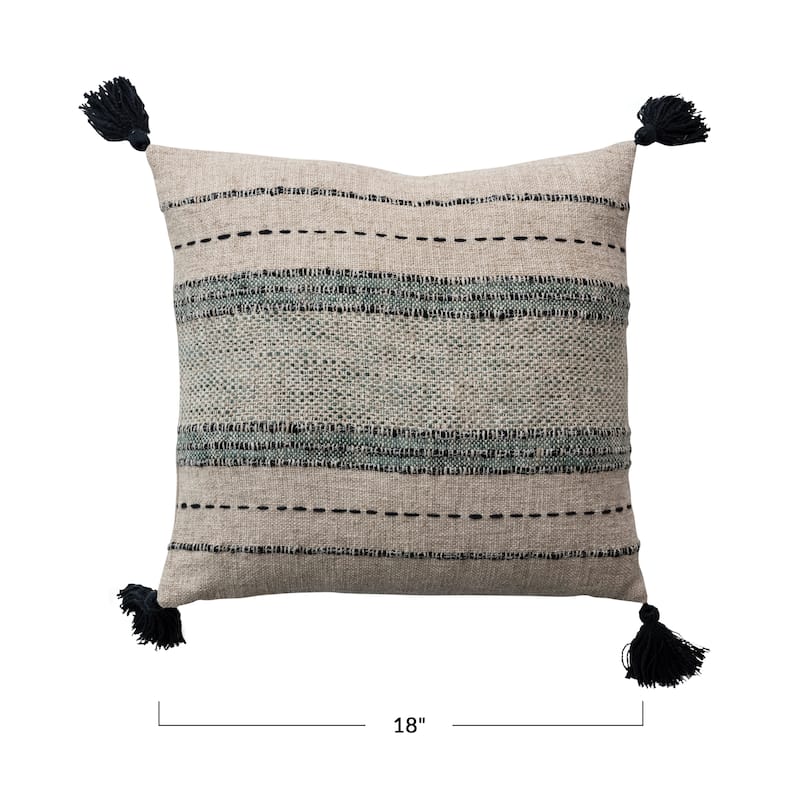 Cotton and Linen Blend Pillow with Hand-Embroidered Stripes