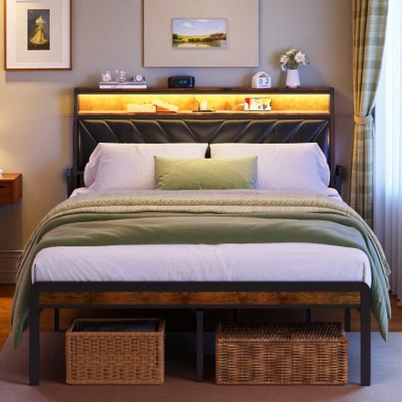 Full Size Platform Bed Frame with 105° Tilted Upholstered Headboard, RGB LED Lighting, Charging Station, Noiseless Design - Queen Antique brown - Queen