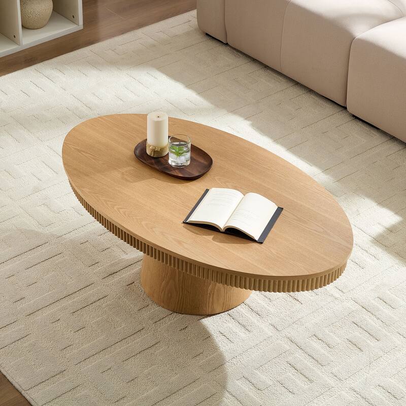 Ellipse Drum Accent Table Modern Oval Handcraft Coffee Table with Fluted Design and Sturdy Pedestal for Living Room