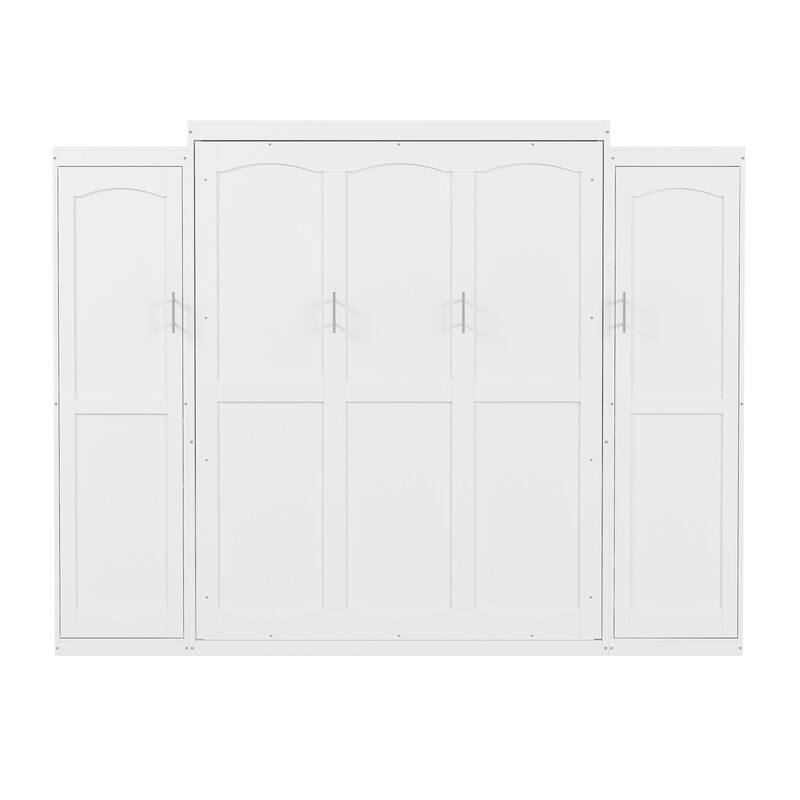 Full Size and Queen Size Murphy Bed, Wooden Queen Wall Bed with 2 Wardrobe and Storage Shelf