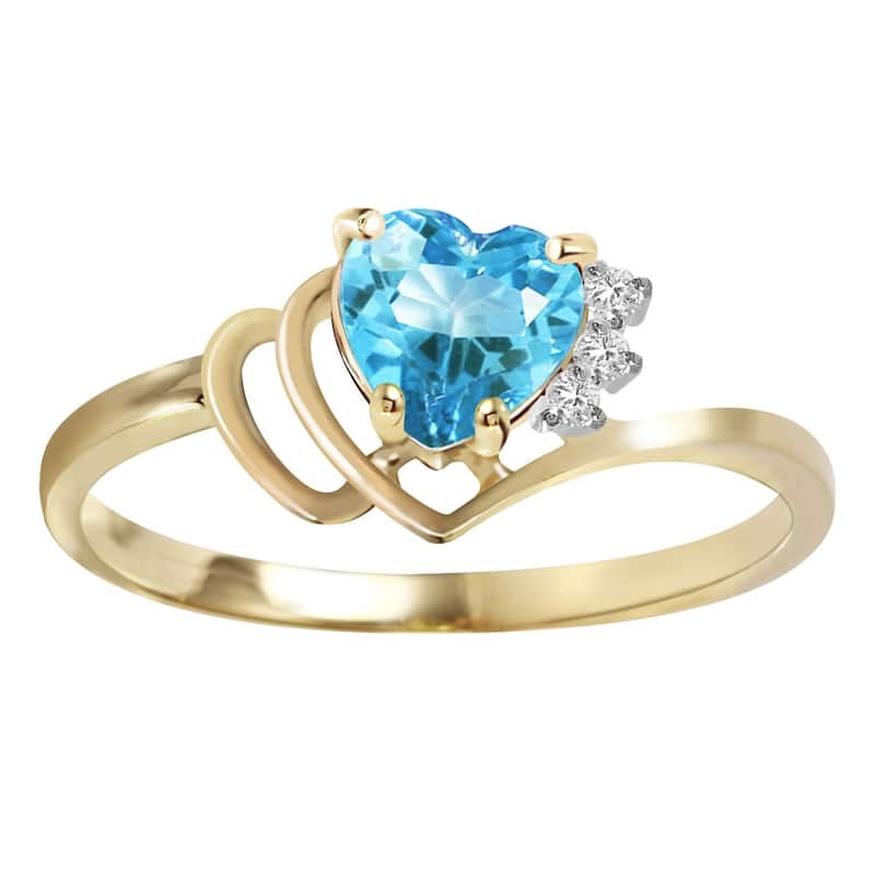 14K Solid Gold Heart Shape Blue Topaz Diamond Ring 0.97 Carat - 7.5 - Yellow