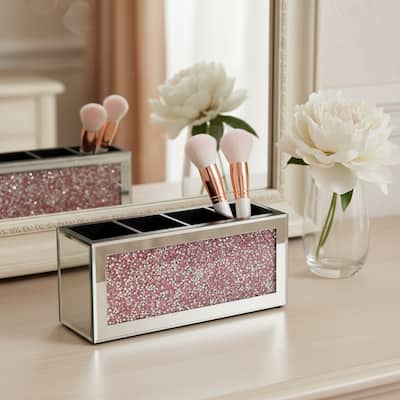 9" Pink And Silver Mirrored Glass Four Section Jewelry Organizer With Faux Crystals