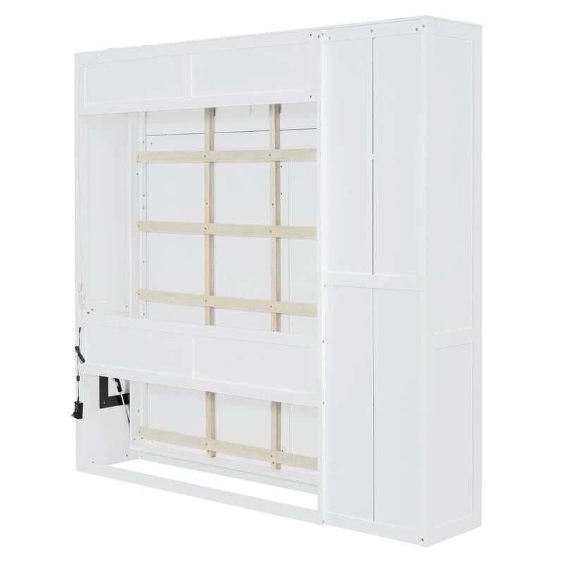 Space-Saving White Murphy Bed with Shelves, Wardrobe & LED Lights - Full Size