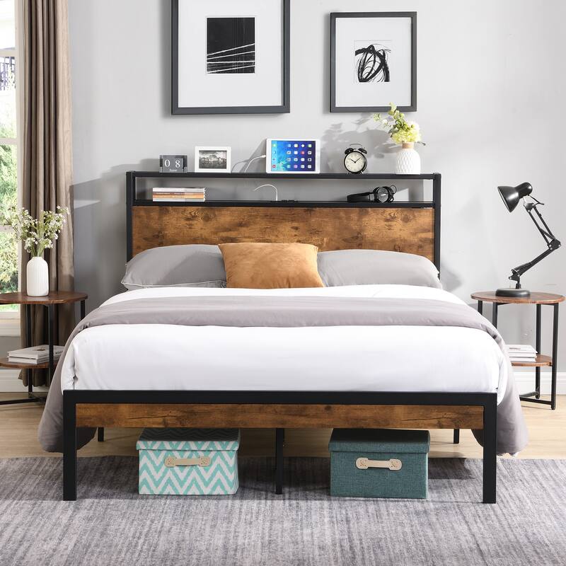 King Size Metal Platform Bed Frame with Headboard and Footboard with USB Liner, No Box Spring Needed, Large Under Bed Storage - Black Brown