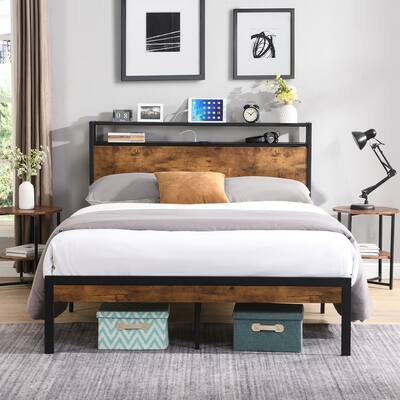 Metal Platform Bed with Charging Station & Wood