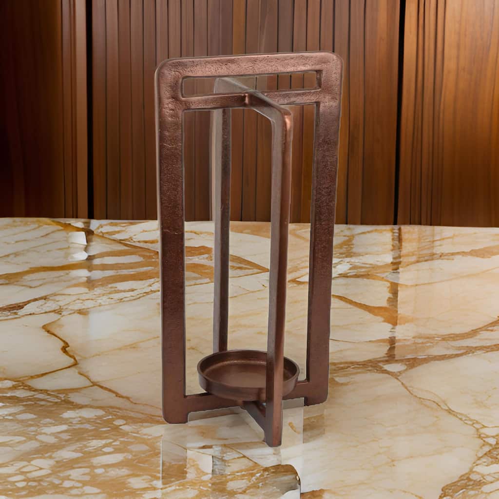 Eya 21 Inch Modern Tabletop Candle Lantern with Round Plate, Copper Metal