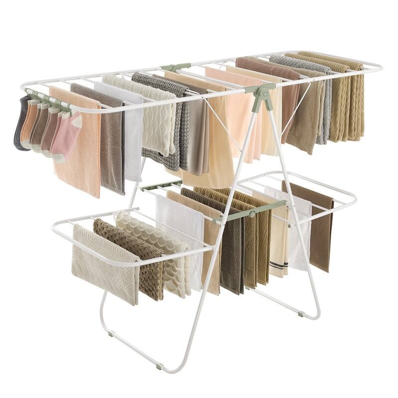 Clothes Drying Rack, Foldable 2-Level Laundry Drying Rac - 2 Tiers（22"D x 61.8"W x 64.3''H ) - White + Green