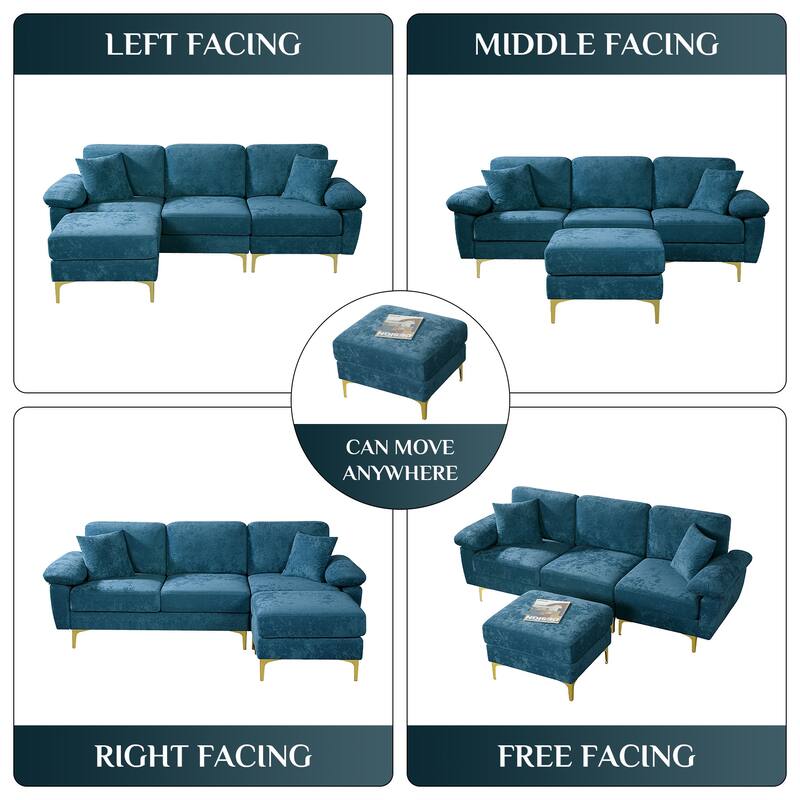Ouyessir 2-Pieces Upholstered Velvet Sectional Sofa with 2 Pillows & Ottoman
