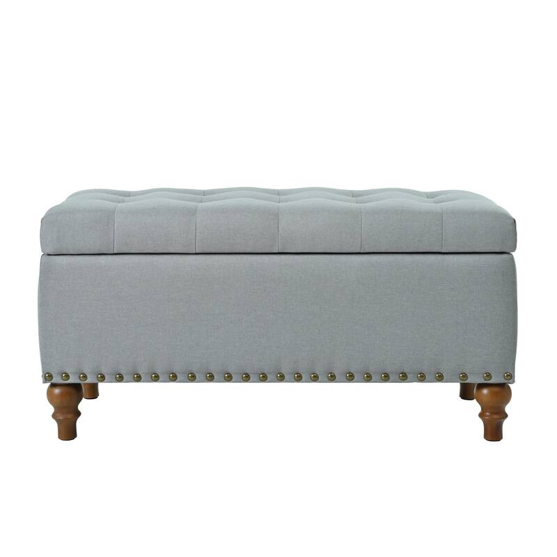Ottoman storage bench, recessed support hinge top easy to open, rivet trim around, bedroom, entrance, living room, linen
