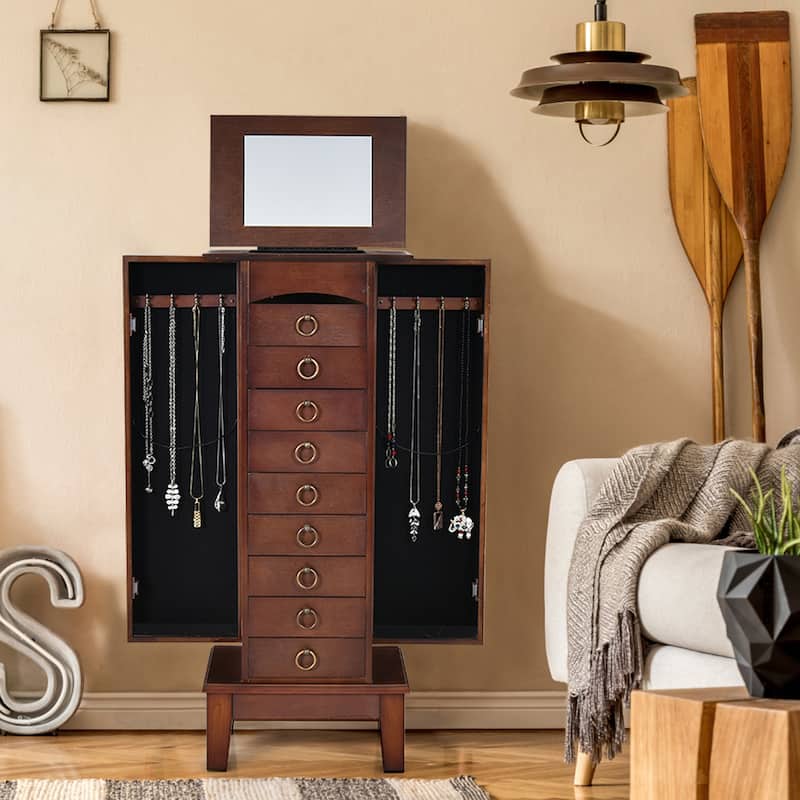 Gymax Jewelry Cabinet Armoire Wood Storage Box Chest Stand Organizer - 10.5'' X15.8''X 40''