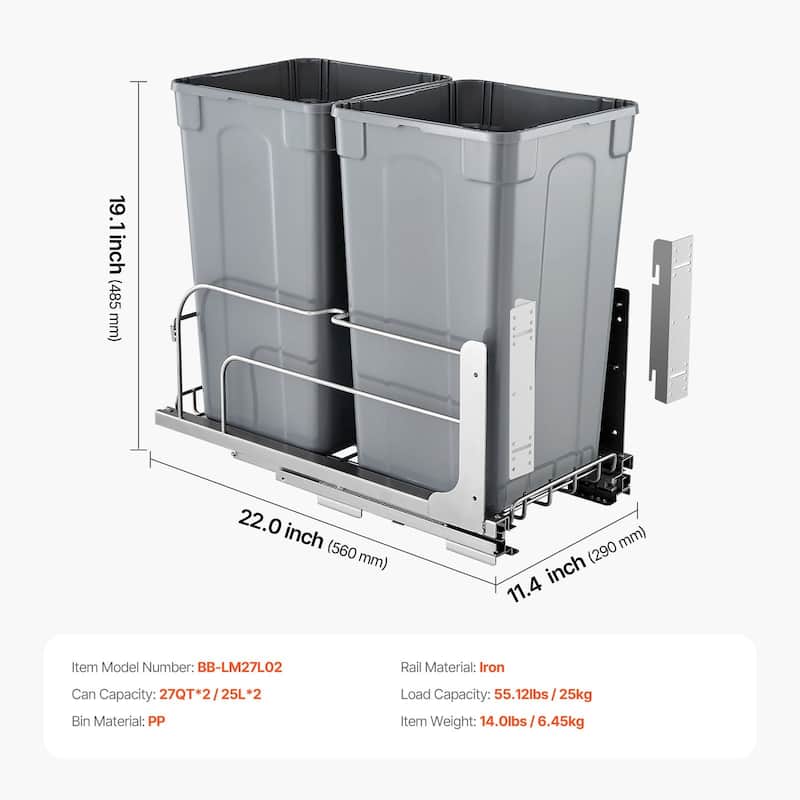 Under Cabinet Pullout Trash Bin with Soft Close System and Dual Bins