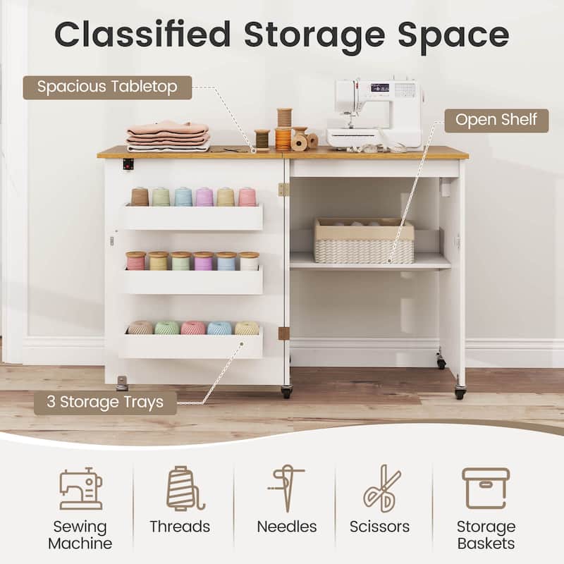 Costway Folding Sewing Machine Table Lockable Casters Rack with 3 - See Details