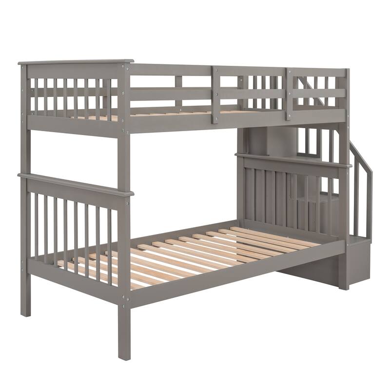 Twin-Over-Twin Bunk Bed with Storage, Guard Rail, and Staircase in Gray