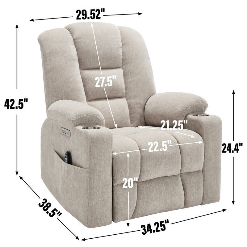 Roomfitters Oversized Power Lift Recliner, Massage Chair with USB A & C Ports and Dual Steel Cup Holders, Beige