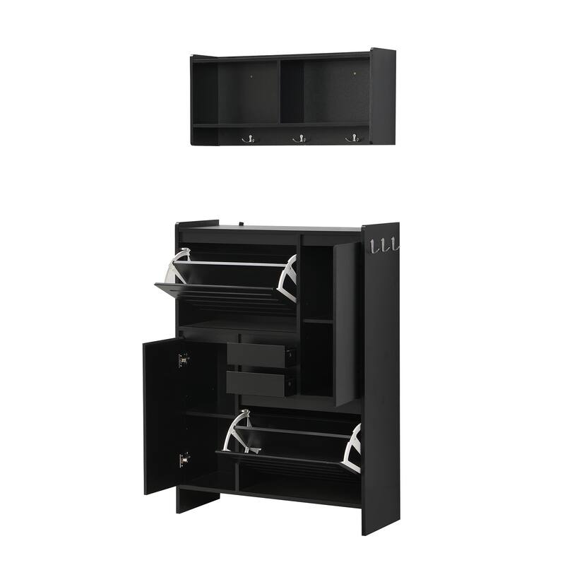Multi-Functional Shoe Cabinet with Wall Cabinet, Space-saving Design Side Cabinet with 2 Flip Drawers and Hanging Hooks