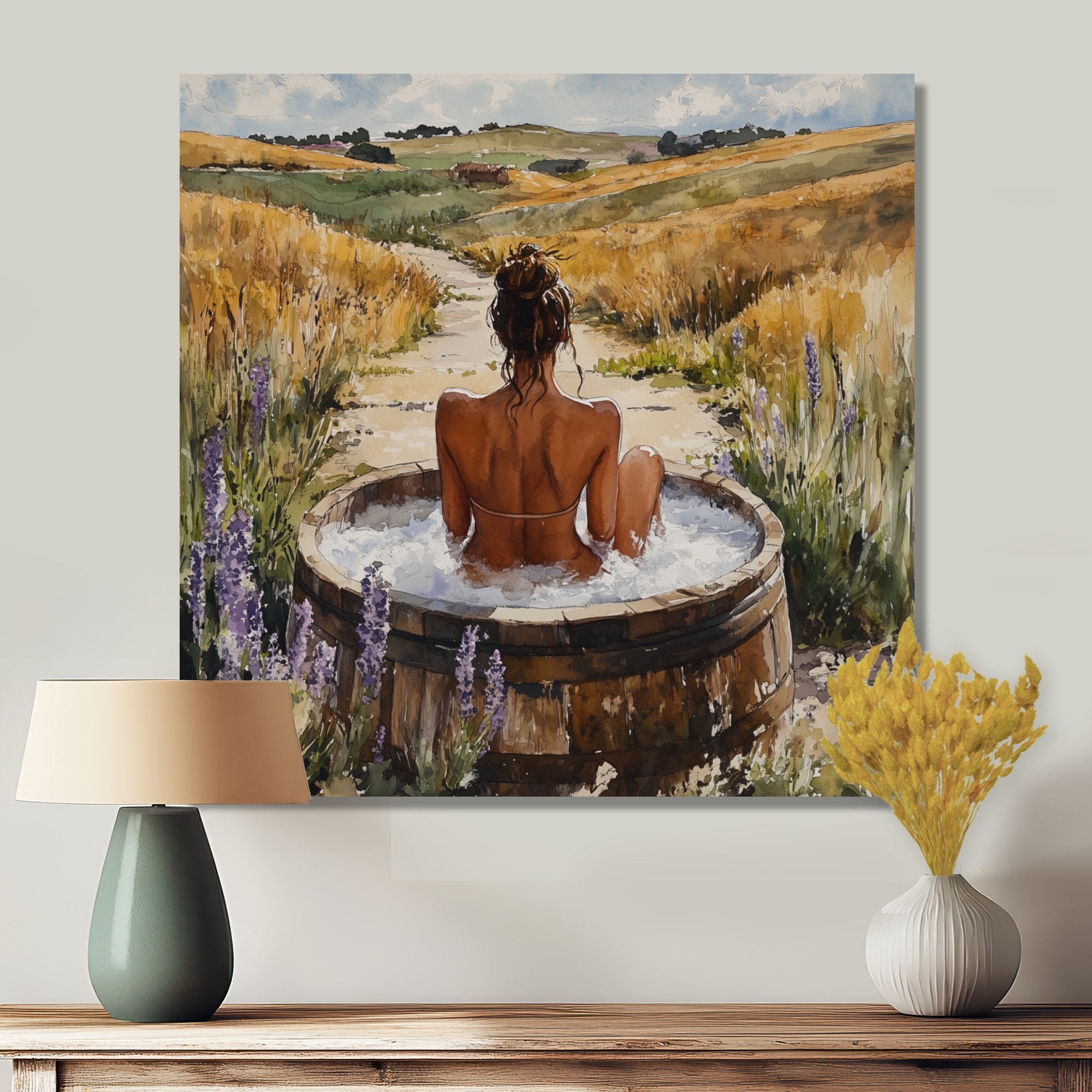 Designart "Woman In A Bathtub Meadow" Bathroom Canvas Wall Art - Traditional Wall Decor Art Gold Wall Art Print