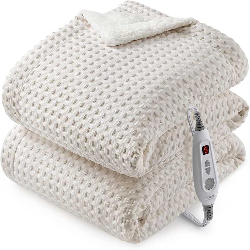 Waffle Weave Heated Blanket Throw Beige