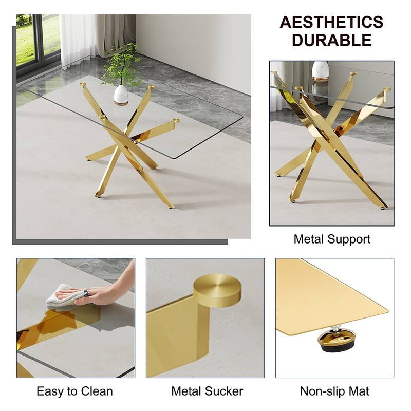 Large Modern Minimalist Rectangular Glass Dining Table with 0.3"Tempered Glass Tabletop and Gold Metal Legs, for 4-6 people