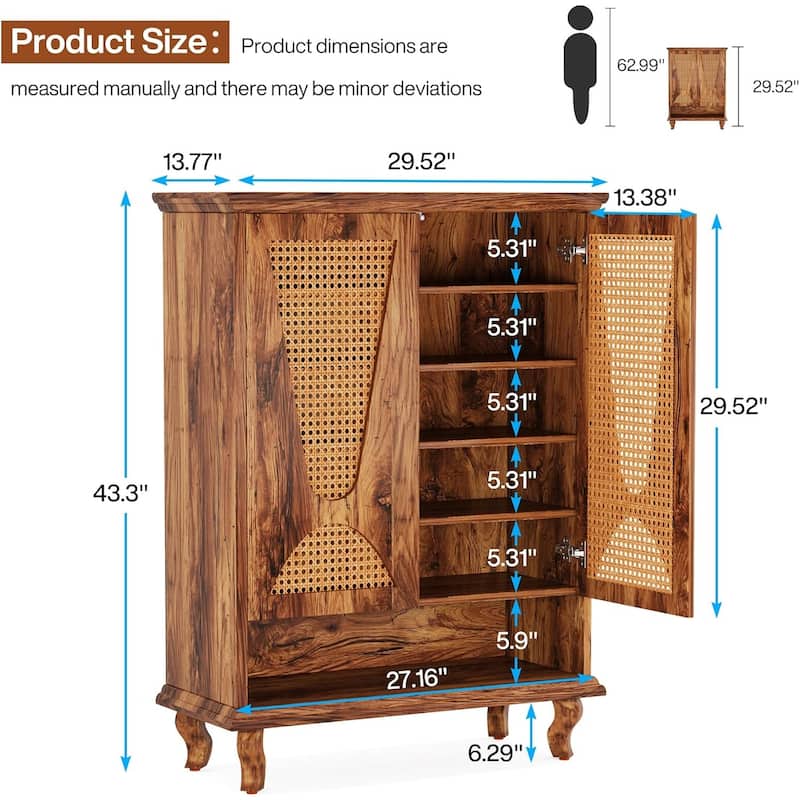 Brown Rattan Shoe Cabinet with Adjustable Shelves and Solid Wood Legs for Entryway Storage - 29.53"W x 13.78"D x 43.31"H
