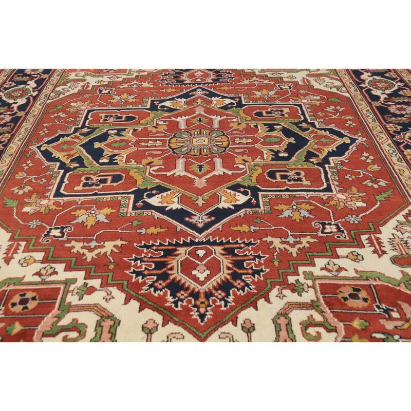 Orange Geometric Heriz Serapi Indian Area Rug Hand-Knotted Wool Carpet - 8'11" x 11'11"