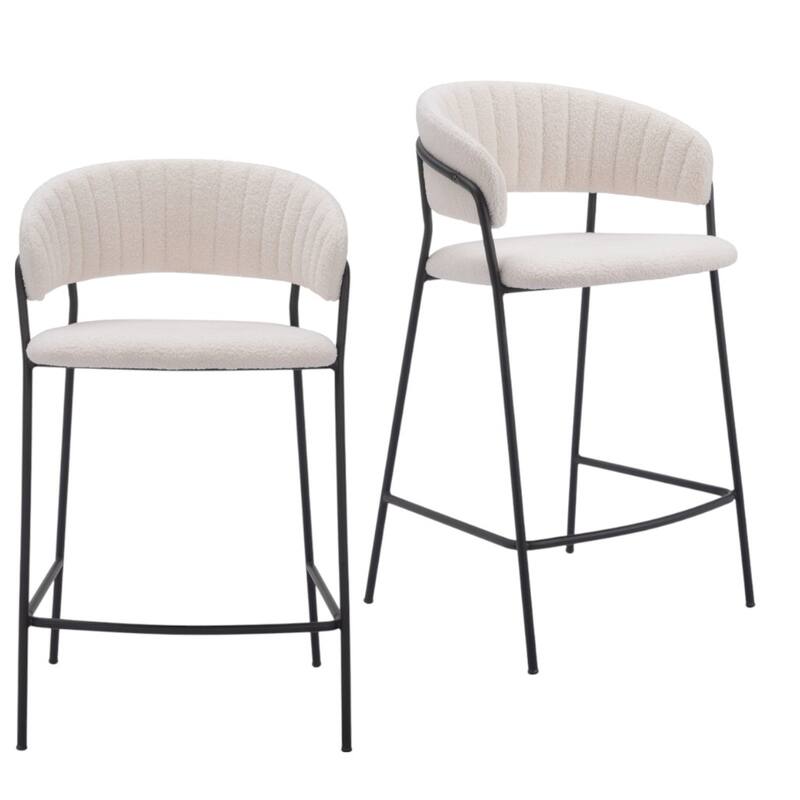 HomeRoots Set of Two 26" Cream and Black Faux Shearling and Steel Low Back Counter Height Bar Chairs