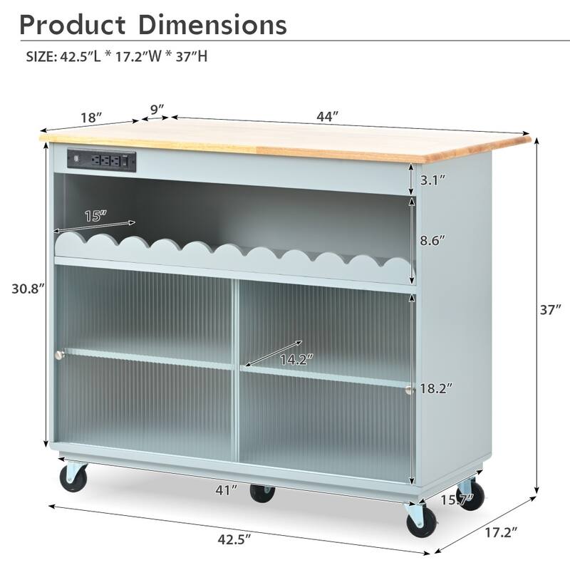 44 in. Rubber Wood Drop-Leaf Countertop Kitchen Island on 5 Wheels with Open Shelf and Wine Rack
