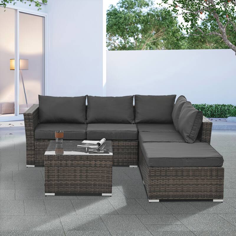 4 Set Wicker Furniture With Tempered Glass Coffee Table