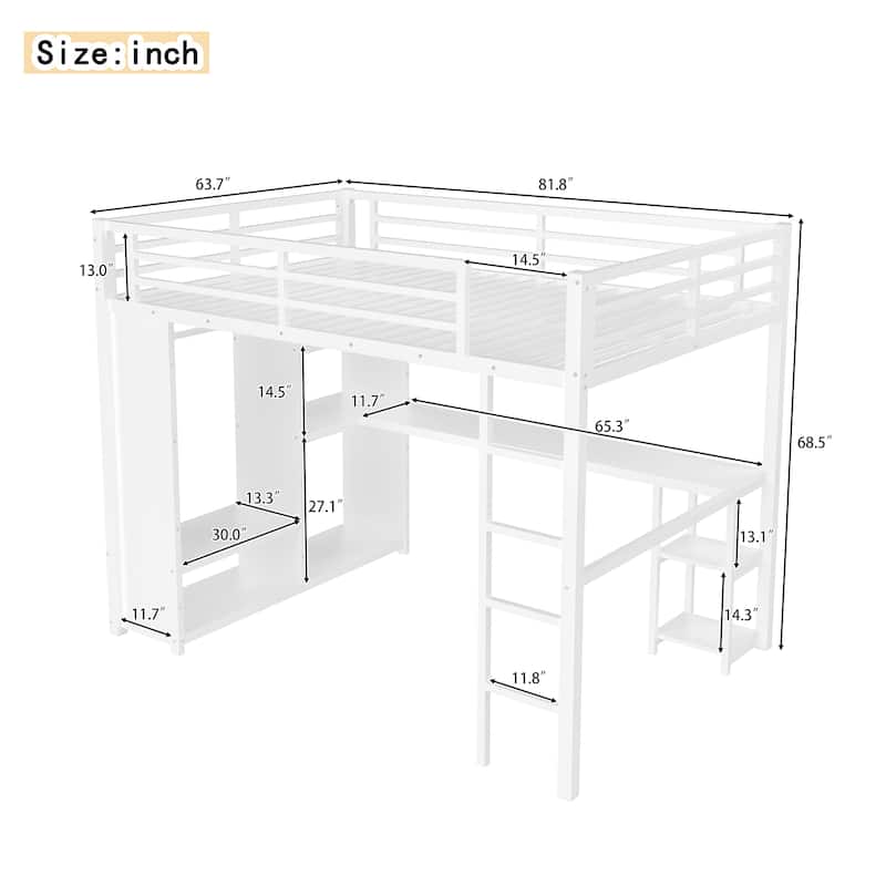 Queen Size Loft Bed Frame with Built-in Wardrobe, Metal Loft Bed with Desk and Storage Shelves, White