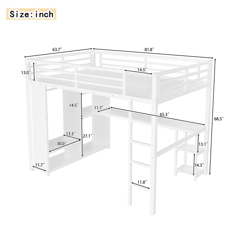 Roomfitters Queen Size Metal Loft Bed Frame with Built-in Wardrobe, Desk & Storage Shelves, Space-Saving Design, White