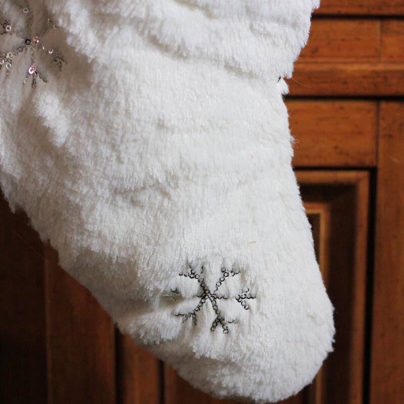 18" White Fur Christmas Stocking with Silver Sequined Snowflakes
