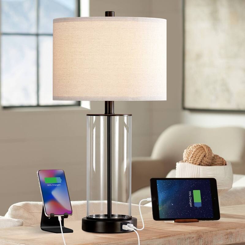 KAWOTI 23 inch Glass Table Lamp Set with Bulbs and USB Ports (set of 2)