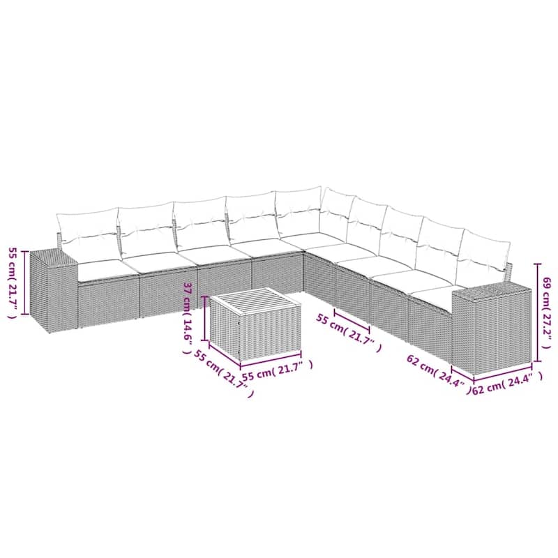 vidaXL Patio Sofa Set with Cushions Outdoor Furniture 10 Piece Poly Rattan - 21.7 x 21.7 x 14.6