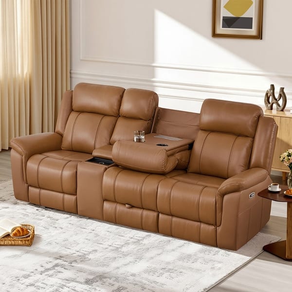 slide 2 of 84, Spruce & Spring Genuine Leather Power Reclining Sofa with Optional Console & Flip-Down Table 3PC+Console - Saddle
