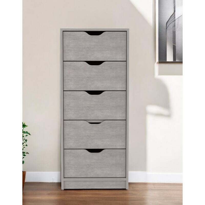Compact Vertical Wood Dresser with 5 Drawers Slim Chest of Drawers for Bedroom or Office Use - Light-Grey