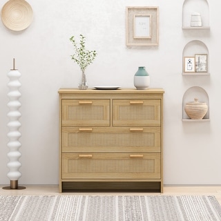 Natural 4 Drawers Dresser Cabinet with Rattan Panel for Bedroom