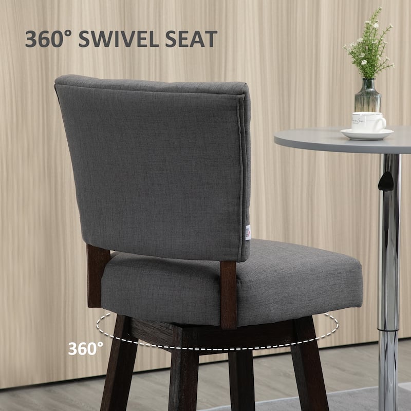HOMCOM Swivel Bar Stools Set of 2, Fabric Tufted Counter Height Bar Stools with Rubber Wood Legs and Footrest for Dining Room
