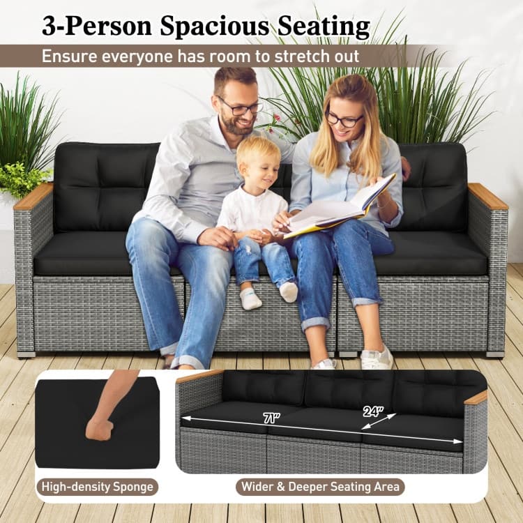 Mix Grey PE Rattan 3-Seater Outdoor Sofa with Black Cushions - 26" x 76" x 25.5"