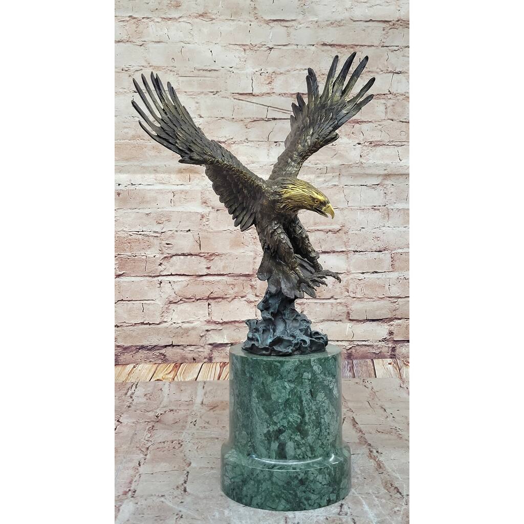 Bronze Bald Eagle Sculpture With Outstretched Wings On Green Marble Base By Milo