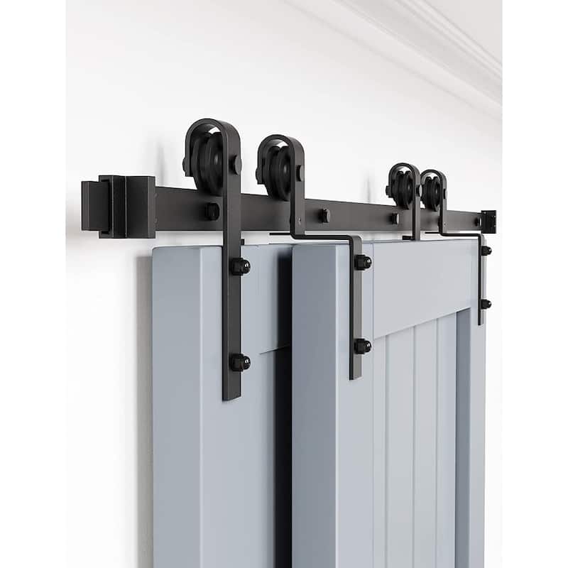 4-12FT Single Track Bypass Sliding Barn Door Hardware Kit for Double Doors J Style Rollers