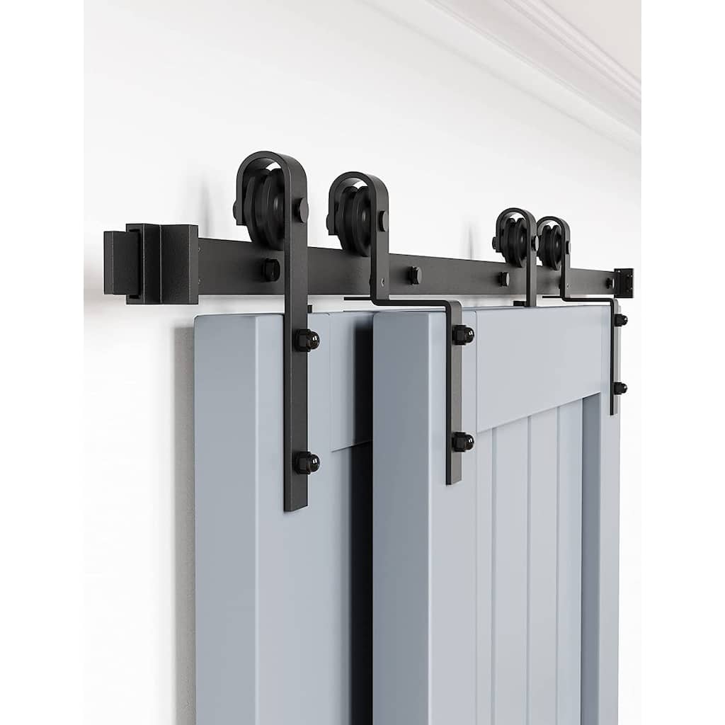 4-12FT Single Track Bypass Sliding Barn Door Hardware Kit for Double Doors J Style Rollers
