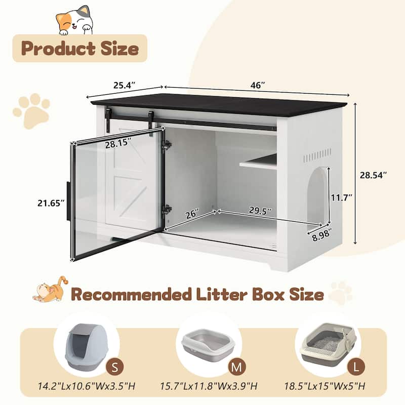 46" Farmhouse Cat Litter Box Enclosure with Sliding Barn Door, Large Hidden Acrylic Door Cat Cabienet with LED Light