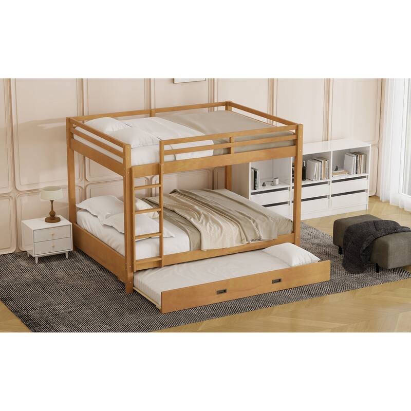 Roomfitters Queen Over Queen Wood Bunk Bed with Twin XL Trundle, Ladder and Guardrails, Natural