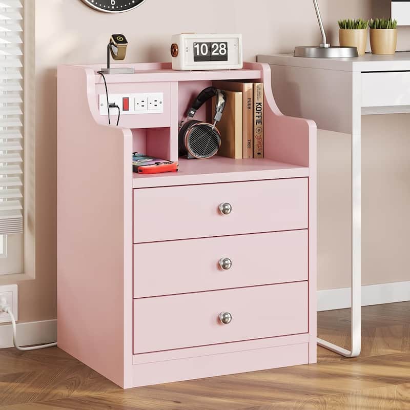 Small Nightstand 3 Drawers Charging Station End Side Table
