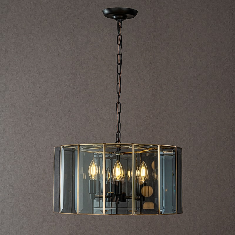 CraftHome 5-Light 20'' Modern Smoked Glass Drum Brass Chandelier For Dining Room Living Room - W20'' - W20'' - Brass/Matte Black